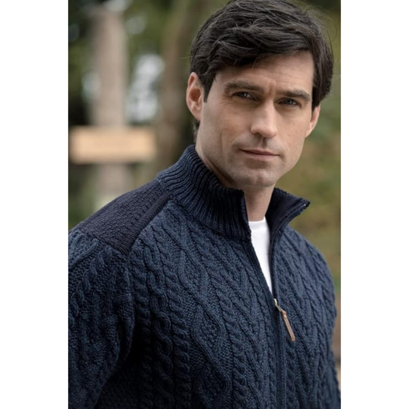 Men's Aran Full Zip and Patch Shoulder Detail Cardigan